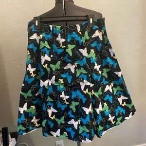 5/15🔥🔥🔥Notations Black A-Line Skirt with Blue, Green, and White Butterfly Print